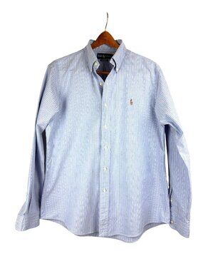 Ralph Lauren Men's Blue Stripe Button-Down Shirt Logo Embroidery Long Sleeve